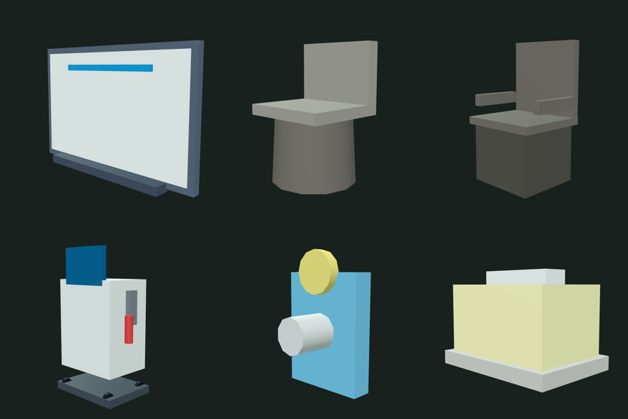 Six procedurally generated clinical objects rendered on a plain background: a whiteboard, two chairs, an ECG machine, a wall oxygen port and a tissue box.