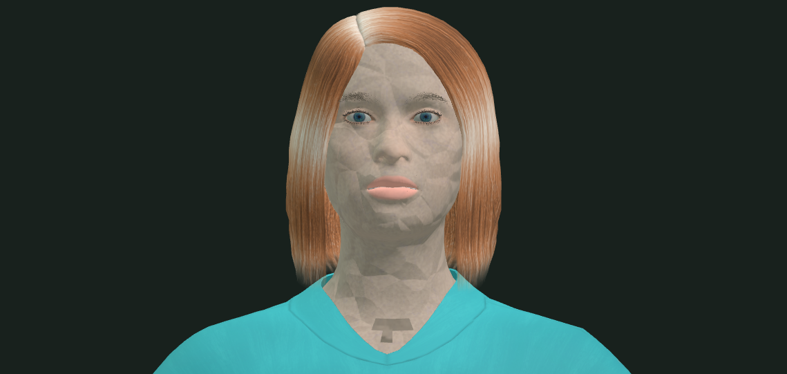 Native 1:1 face crop from a 4096 isolated front render of the 9,000-triangle nurse: two thin strawberry-blond arches still, crumpled skin facets, grey T at the collar.