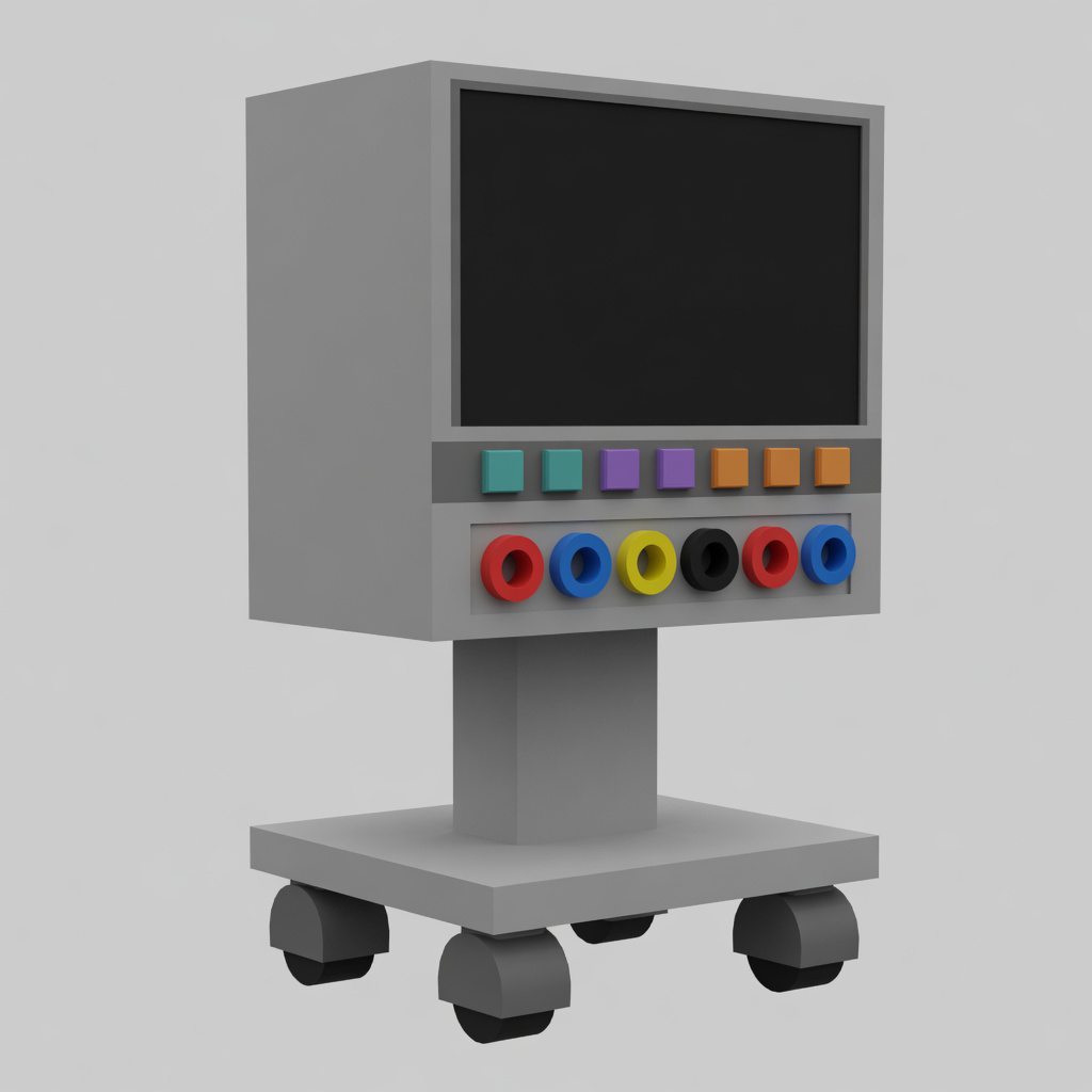 Grok Imagine hard-surface ECG cart: grey boxy monitor on casters, black screen, colorful button pads and ports