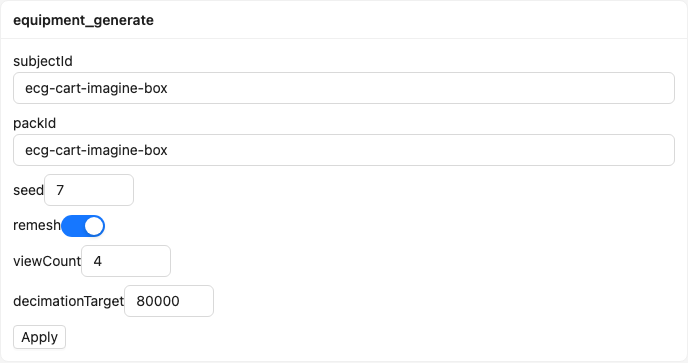 equipment_generate station card: subjectId and packId ecg-cart-imagine-box, seed 7, remesh on, viewCount 4, decimationTarget 80000, Apply