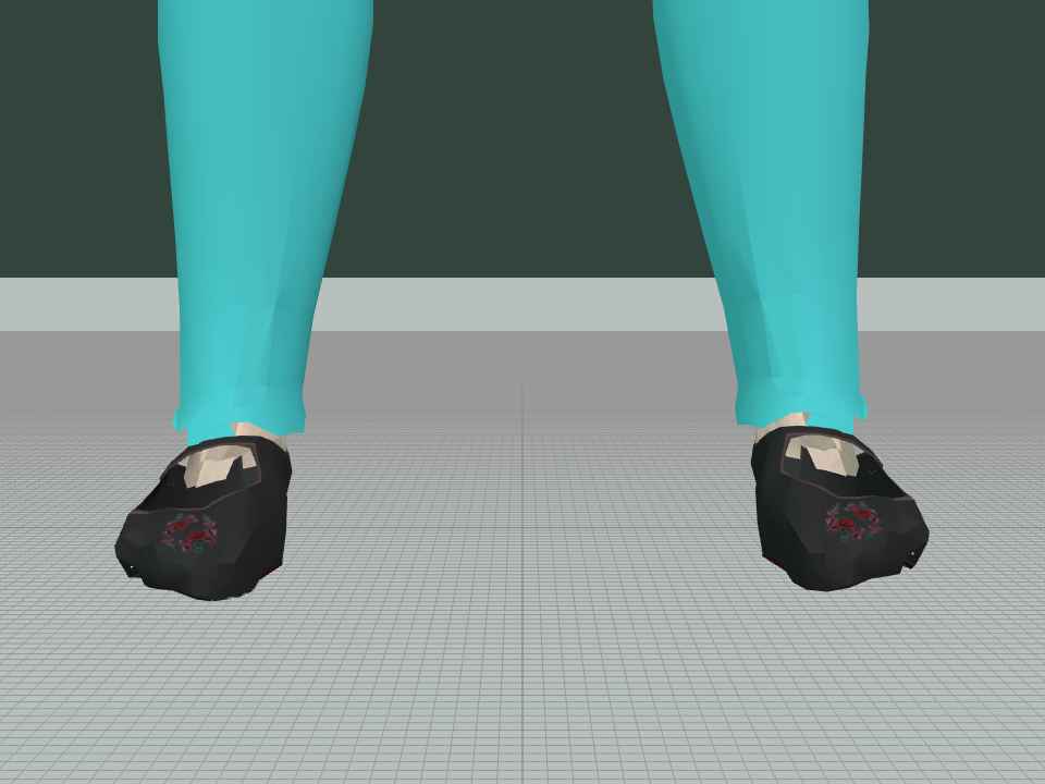 The same feet, same camera, new sway code applied: the figure sits back on the floor grid's centre line.
