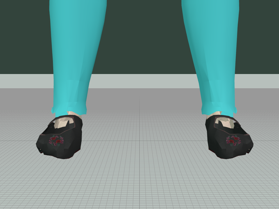 The physician's feet from a low front camera, old sway code applied: the whole figure is shifted off the floor grid's centre line.
