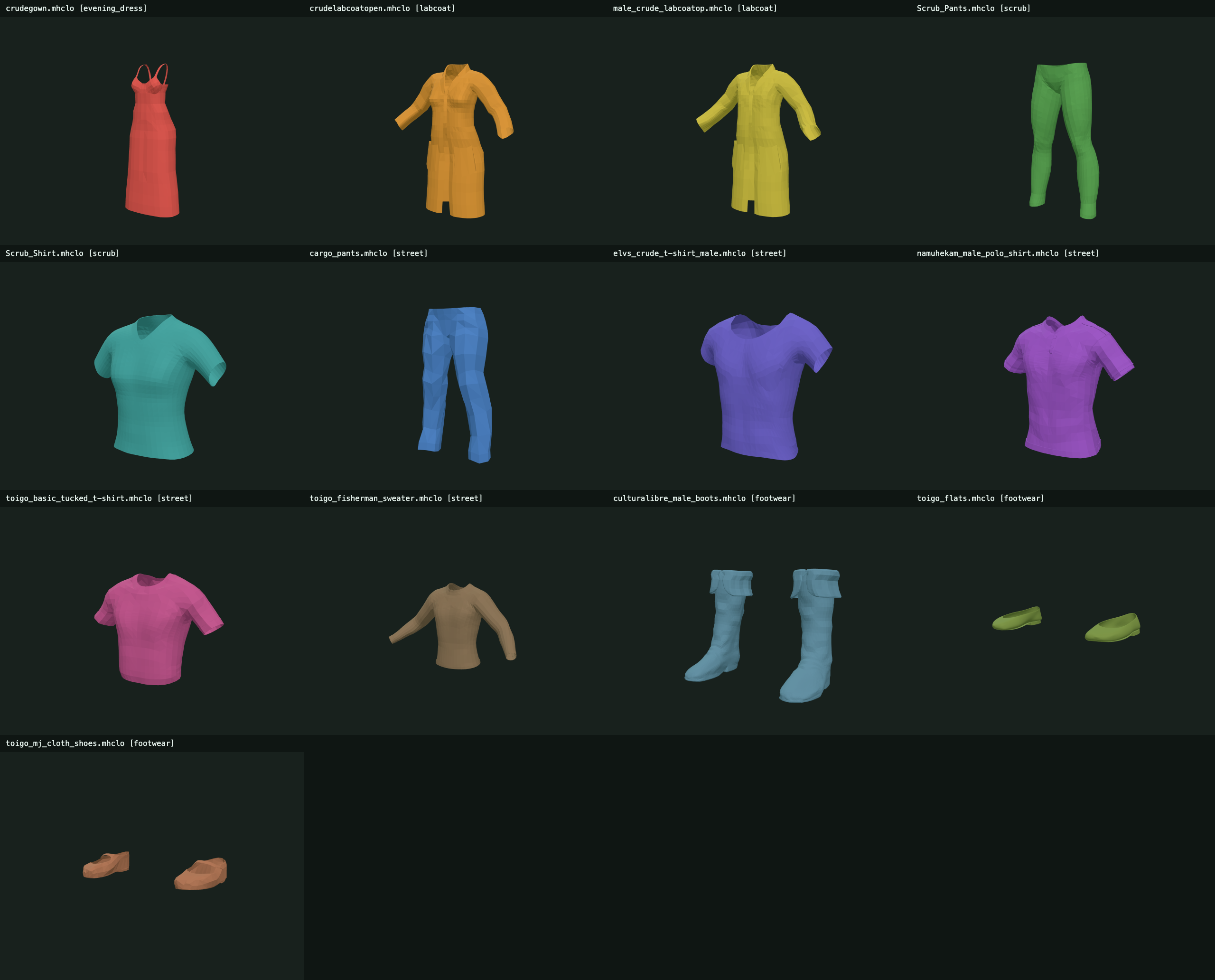 Thirteen-cell contact sheet of every cached garment, each fitted and rendered in a distinct colour with its filename and assigned class: an evening dress, two open lab coats, scrub top and trousers, several t-shirts and a sweater, boots, flats and cloth shoes.