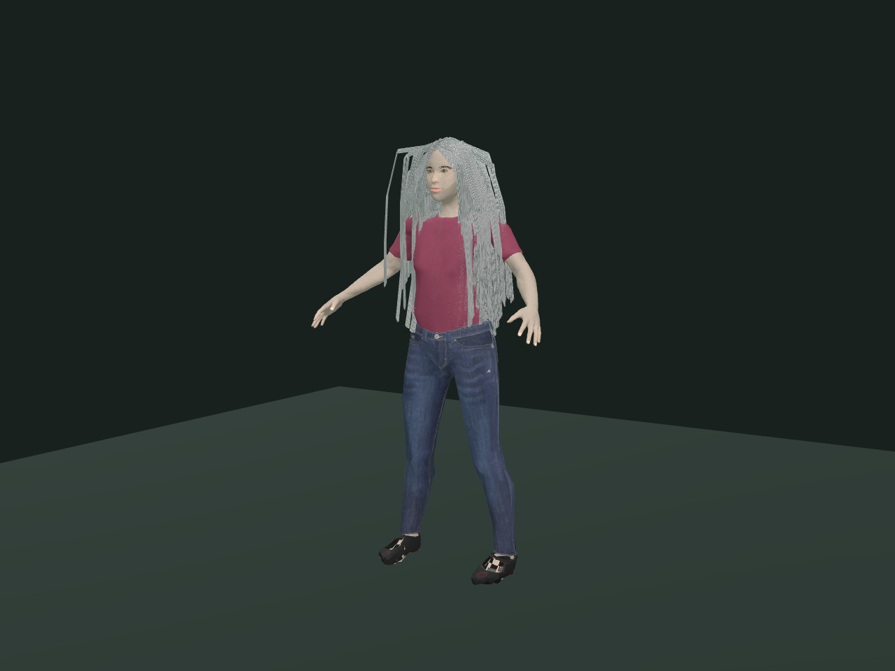Parent Aisha with long gray strands hanging like a loose string curtain from the crown past the waist, face visible through the gaps; an unfitted strand mass, not a finished hairstyle.