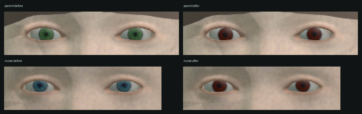 Four close-up crops of rendered eyes. Top row: the paediatric parent, green irises before and brown irises after. Bottom row: the nurse, blue irises before and brown irises after.