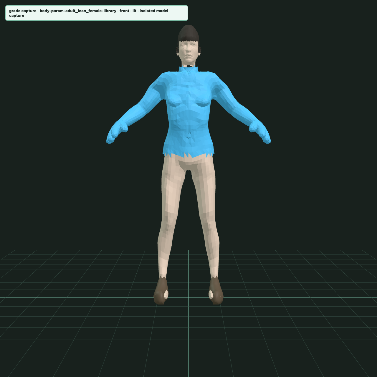 The same body after the rig upgrade: the blue shirt remains but the legs are bare skin from hem to shoes, the trousers mesh absent