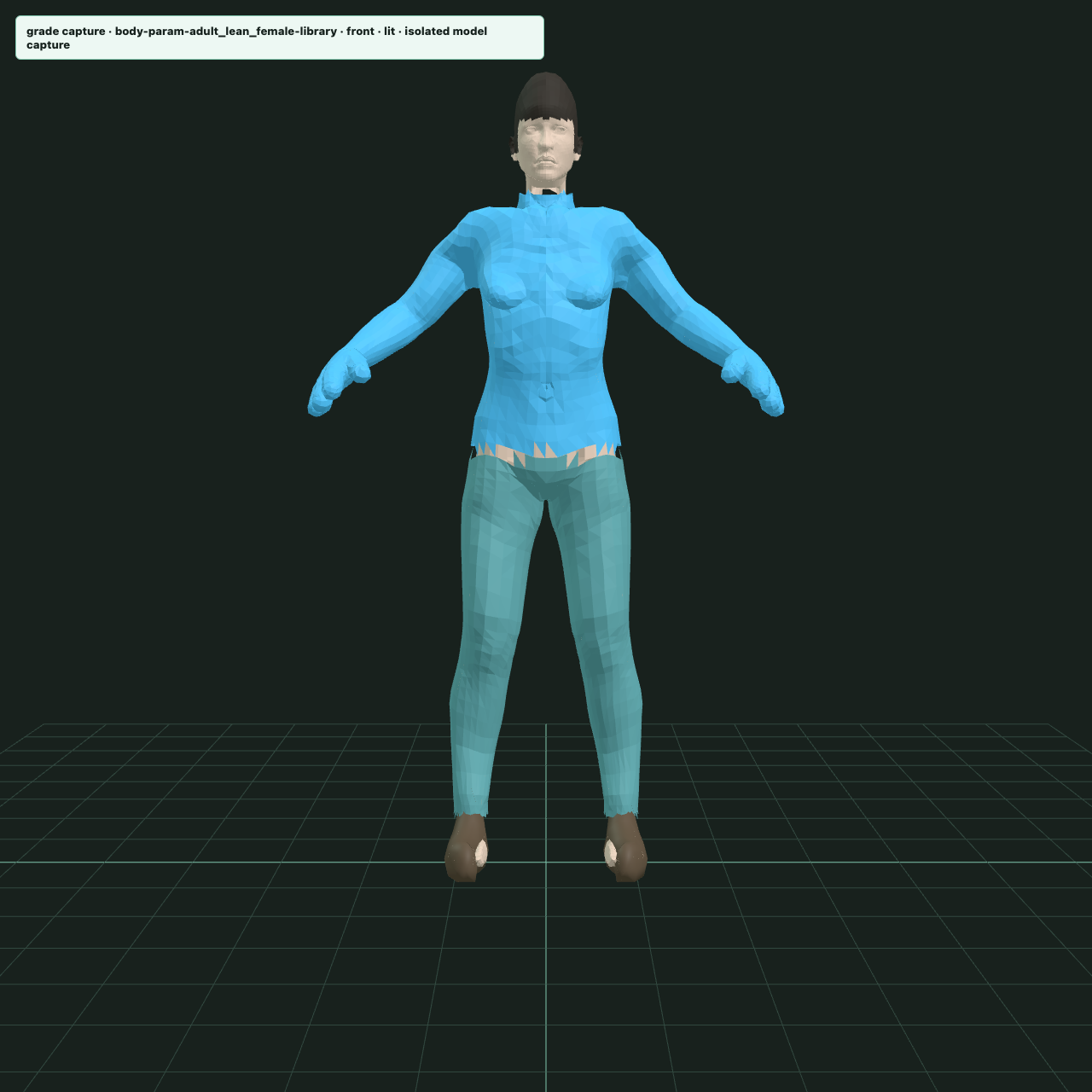 Isolated grade capture of the adult lean female library body: an upright clothed figure in a blue shirt and teal trousers, shoes on the ground plane