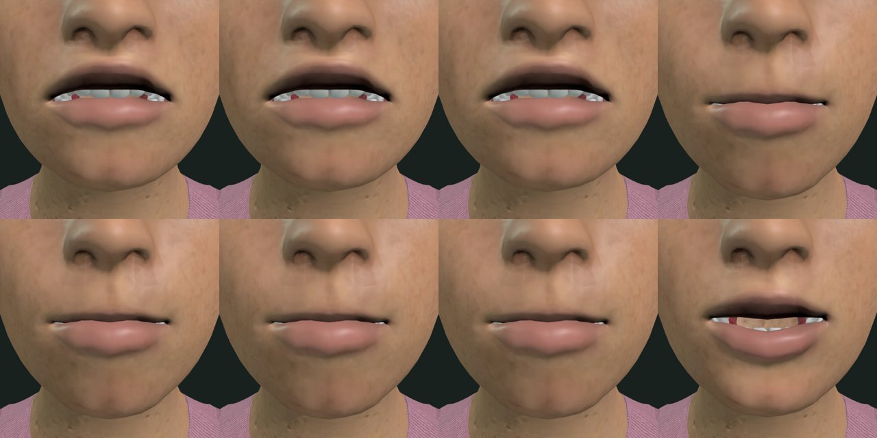 Front view at mouth height. Top row: F in feel with the upper teeth on the lower lip, then P. Bottom row: P, B in better, then an open vowel.