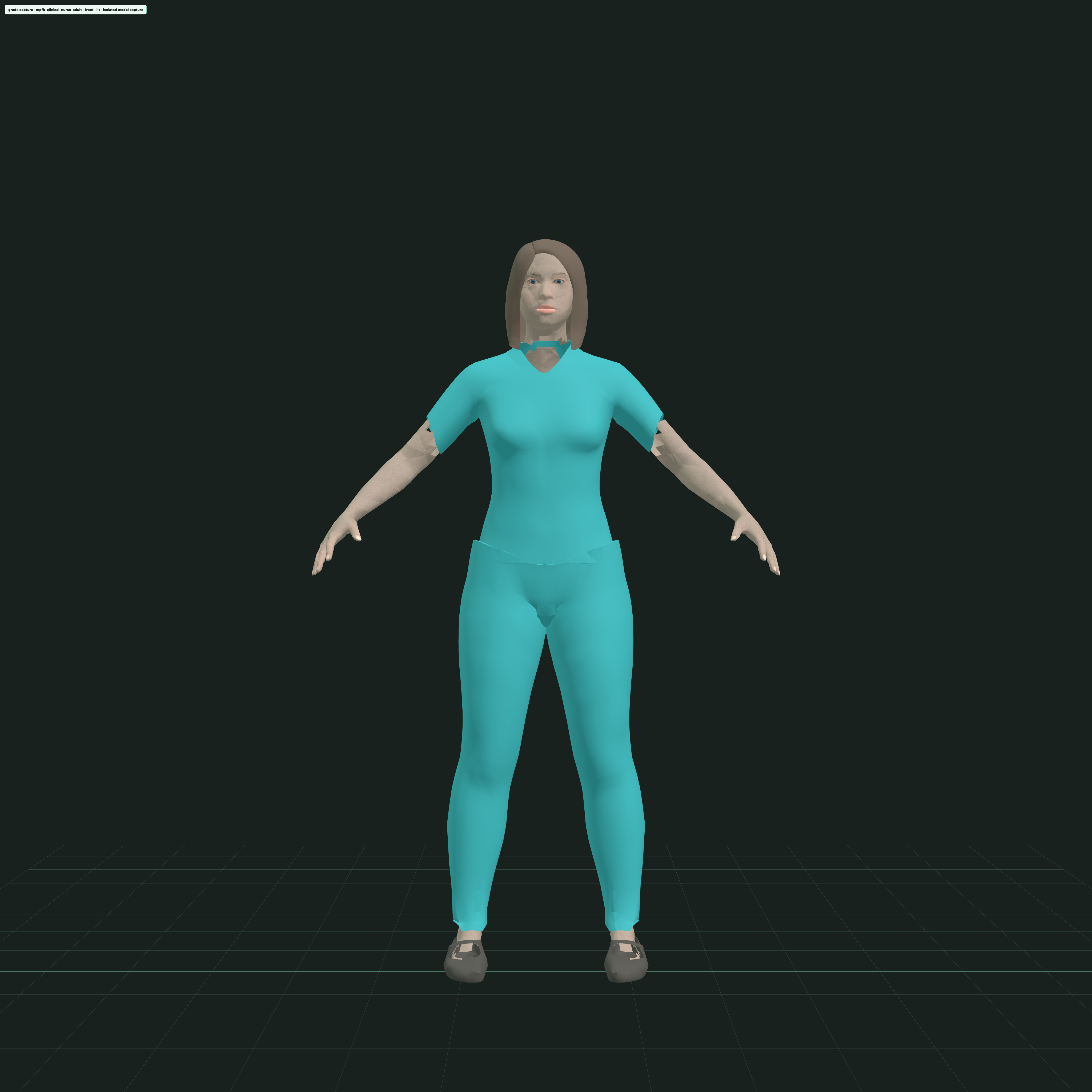 Isolated lit grade of the MPFB clinical nurse in teal V-neck scrubs, trousers, and shoes.