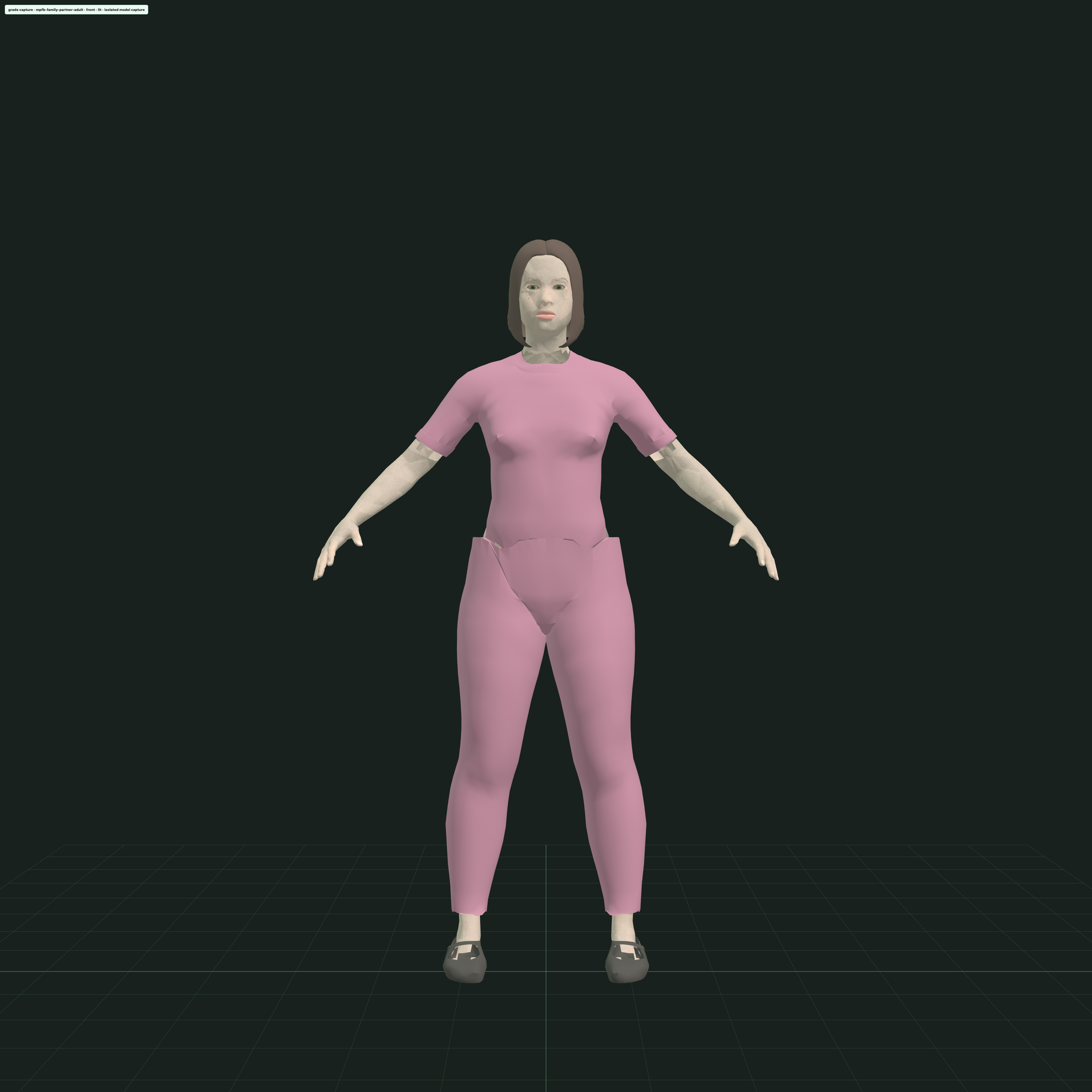 Isolated lit grade of the MPFB family partner in a rose t-shirt, trousers, and shoes.