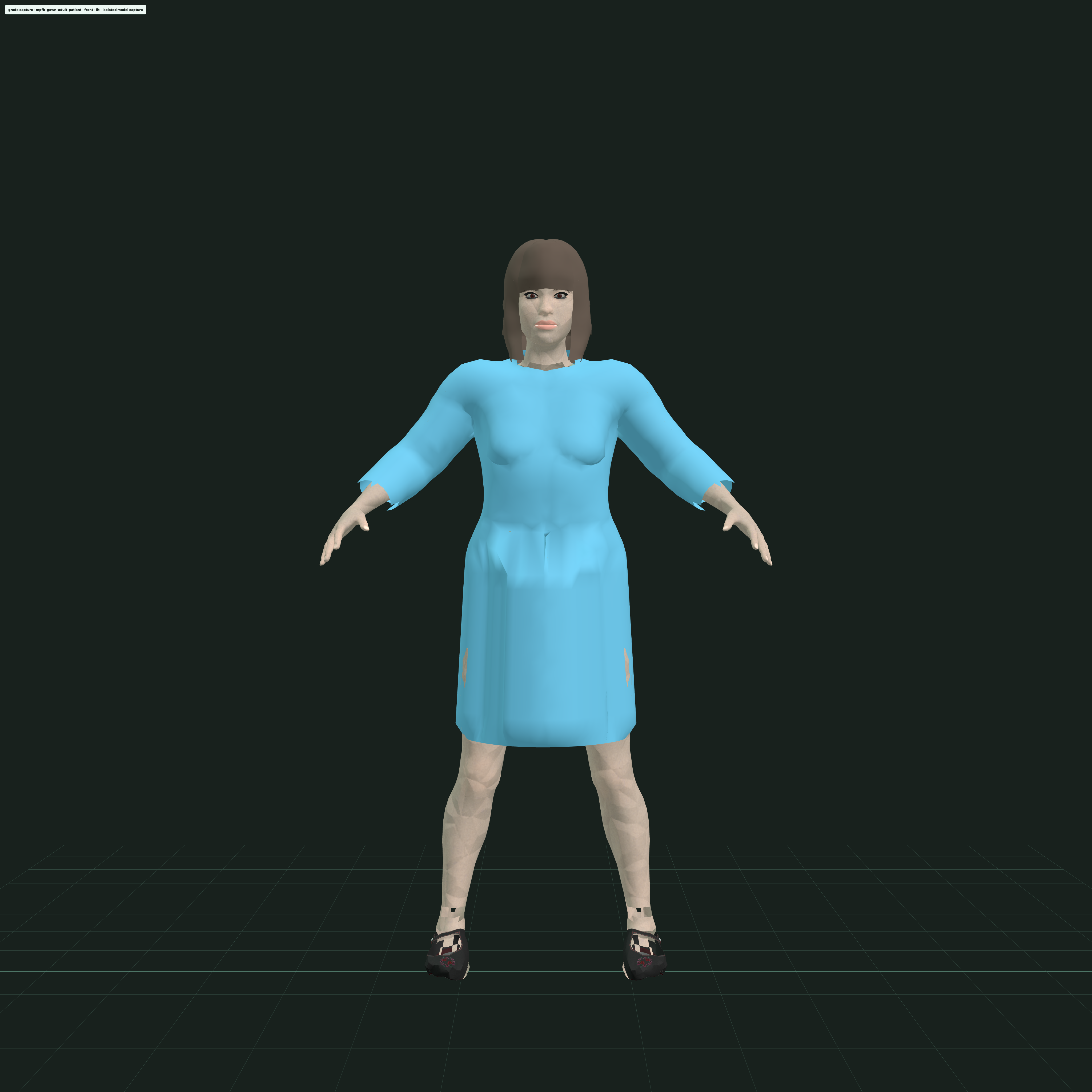 Isolated lit grade of the MPFB adult patient in a cyan knee-length exam gown and shoes.