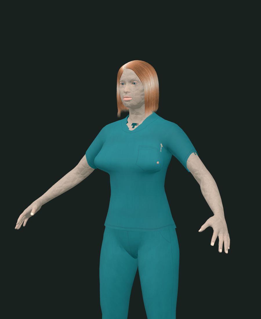 The same nurse re-baked, same camera: hair shows strawberry-blond strand streaks and light-dark variation; scrubs show a chest pocket outline; skin facets and the grey collar patch are unchanged.