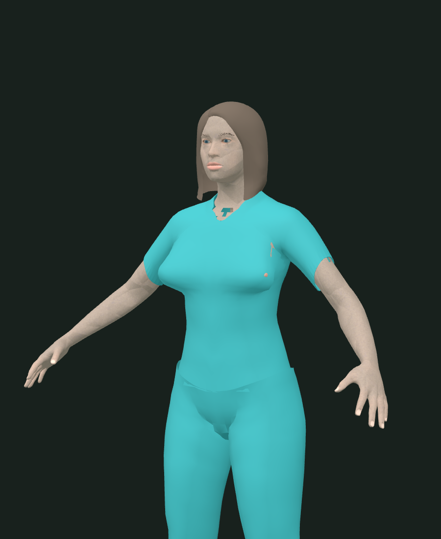 The shipped MPFB nurse, three-quarter view: flat brown hair with no strand detail, flat cyan scrubs, grey T-shaped patch at the collar.