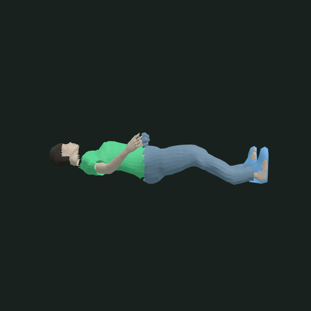 Supine isolated render of the heavy-male library body in green scrubs, hands resting together on the abdomen with individually posed fingers, knees slightly flexed