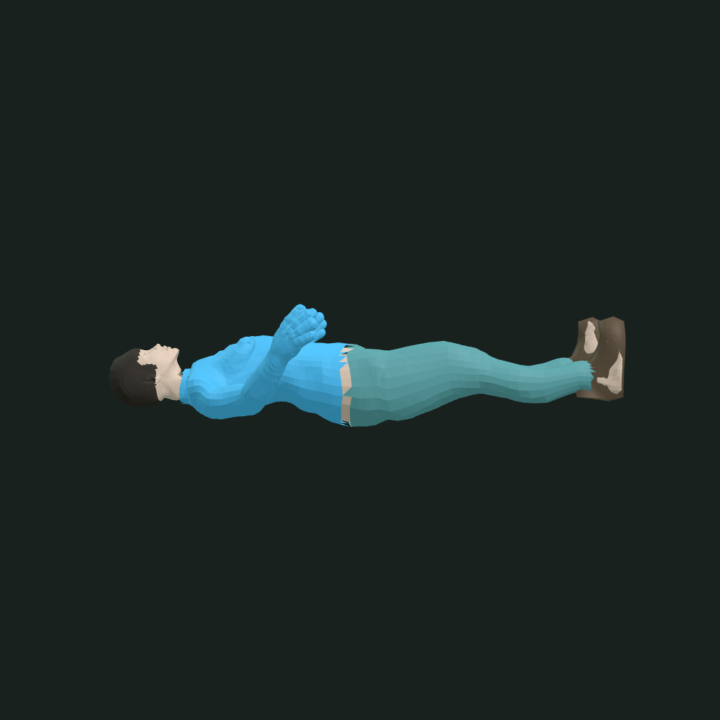 Supine isolated render of the lean-female library body in a blue top and teal trousers, hands together on the abdomen with posed fingers