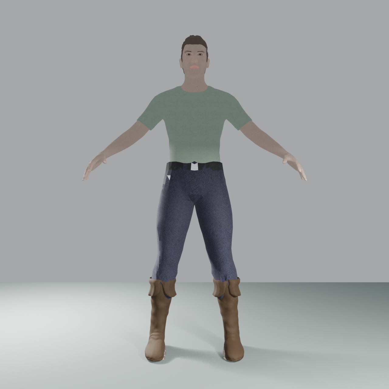 Isolated EEVEE grade of the MPFB street-casual adult male in a sage t-shirt and MakeClothes punkduck classic jeans, brown boots, world ambient lighting.
