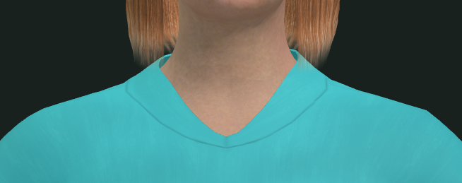 Native 1:1 collar crop of the F1 bump 0.4 scratch bake, not upscaled: no sternal T, teal V at the collar.