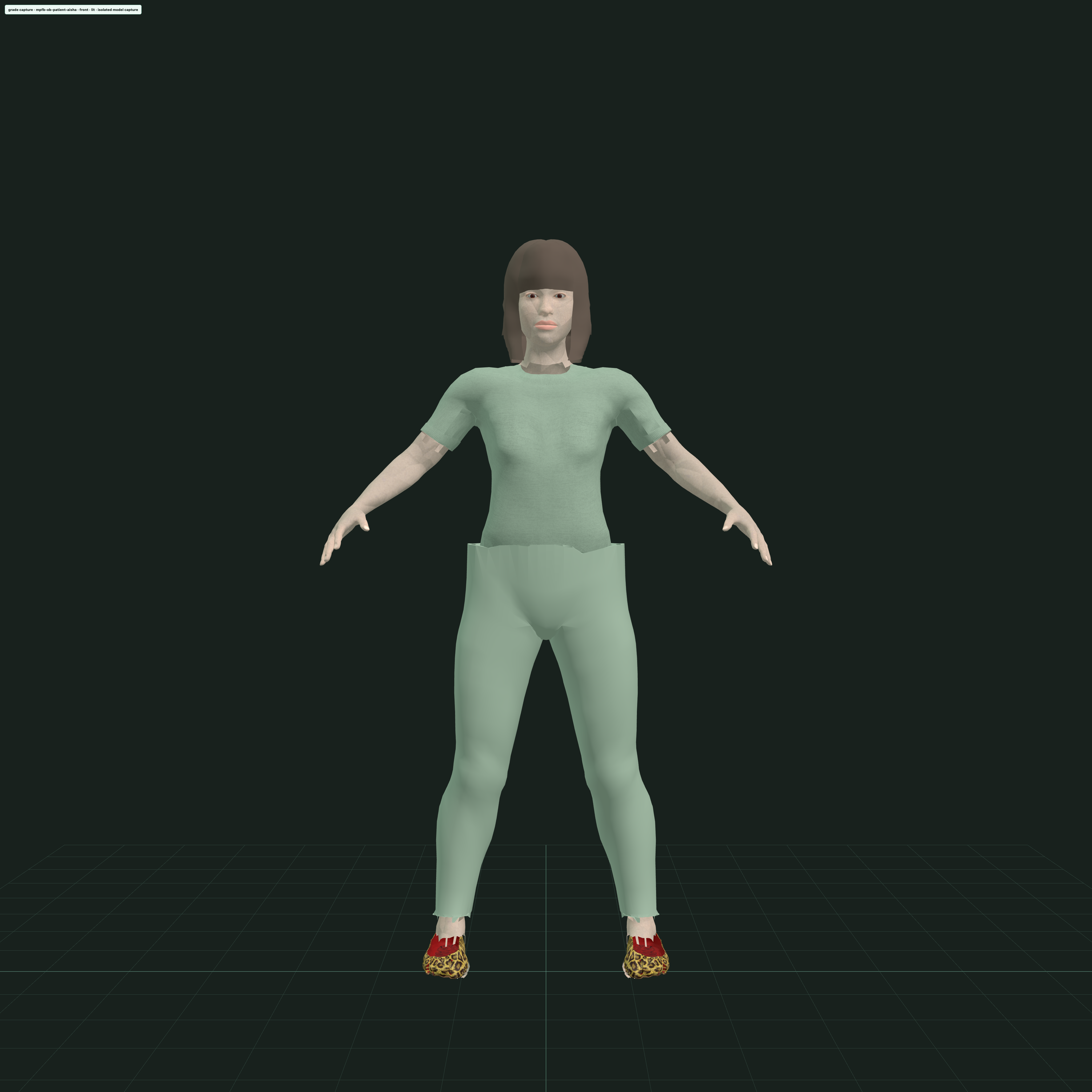Isolated render of the OB triage patient in a sage-green t-shirt and trousers, clearly distinct from her skin tone, standing on a grid floor.