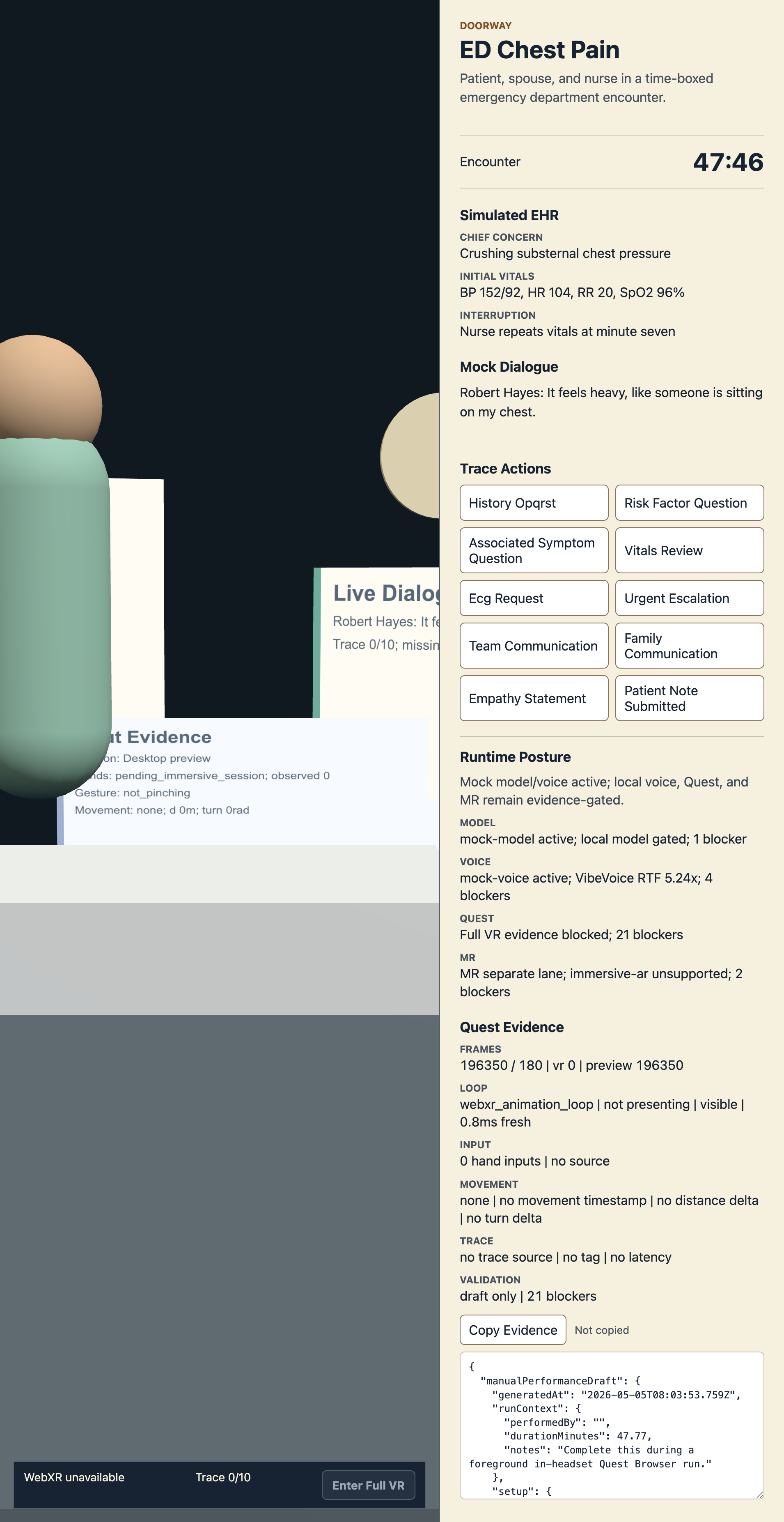 OpenClinXR XR runtime posture evidence screen