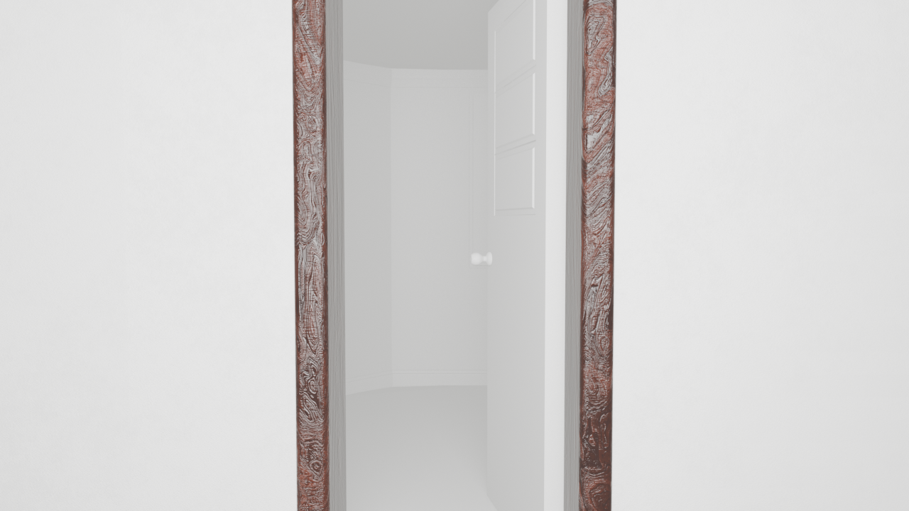 Simplified seed 7 room: a wood-grain casing frames the doorway in a blue-grey plaster wall. Native 1280 by 720.