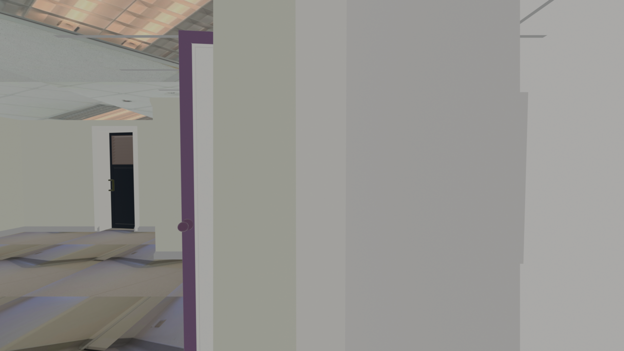 The winning procedural exam room still: beige drywall walls, wooden crash rail, maple door with exit sign, dark wood-look floor.