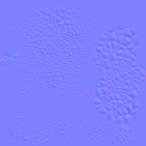 Skin normal-map bake, current ramp constants: visibly smaller facets, still a hard-edged mosaic rather than fine grain.