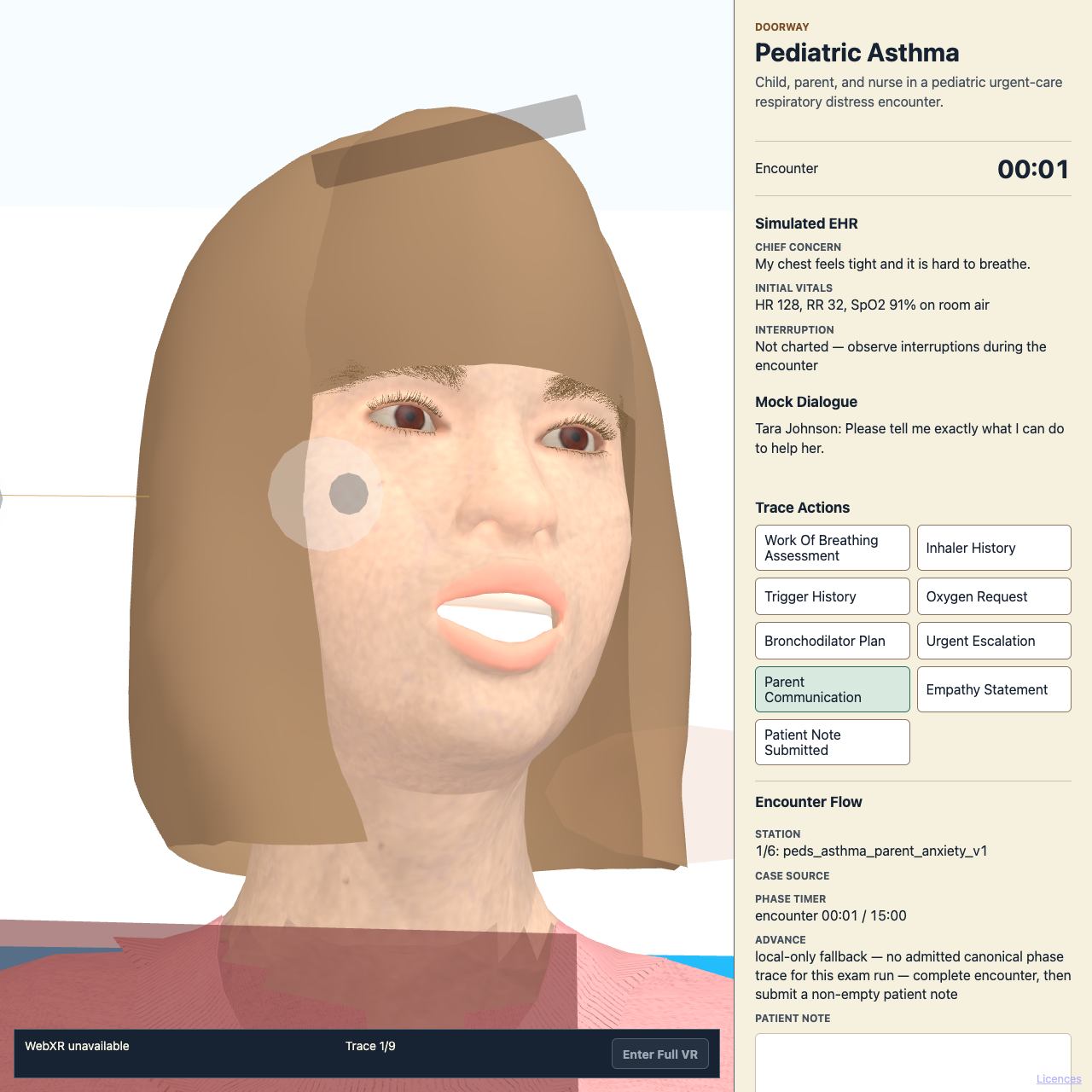 Treatment: mouth open with upper teeth, Trace 1/9, Tara Johnson caption, Parent Communication button highlighted, grey HUD disc on cheek and grey bar on hair.