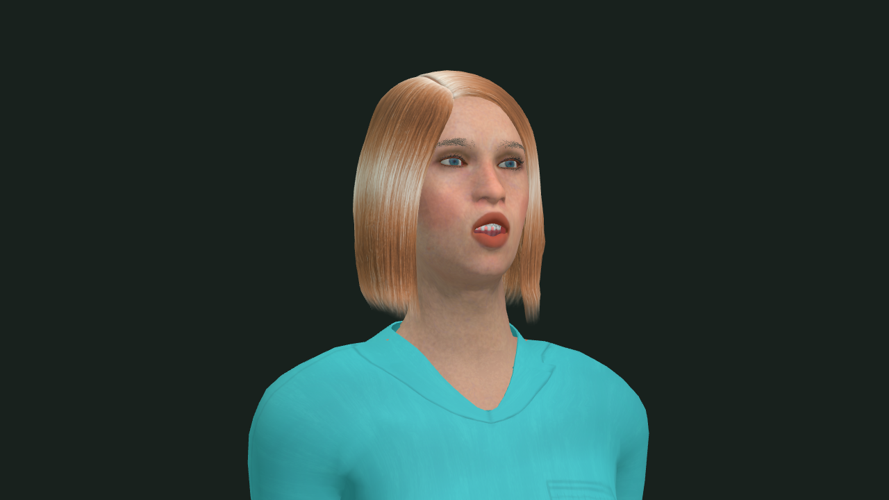 Factory nurse mid-line, mouth open on the upper tooth row, textured strawberry-blond hair, teal V-neck scrubs.