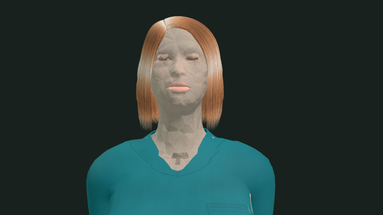 The re-baked nurse from the front at the peak of a rest blink: both eyelids closed, lips closed, textured hair, grey T-shaped patch at the collar, faceted skin, eyebrows reduced to a scatter of dark specks.