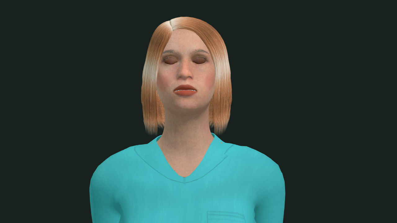 Factory nurse from the front at a rest blink: both eyelids closed, textured strawberry-blond hair, teal V-neck scrubs, skin pores.