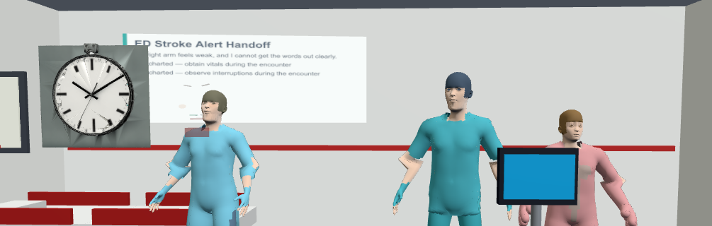 A clinical station showing a detailed generated wall clock on the wall at left and a simple procedural bedside monitor at right.
