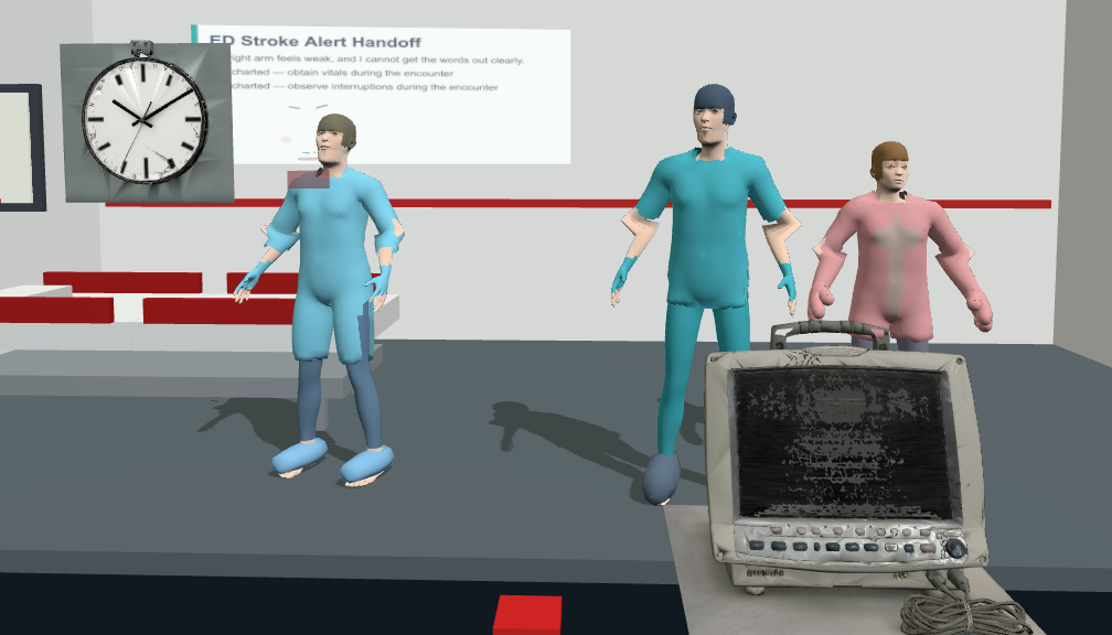 An ED stroke-alert station rendered in the browser: three clothed actors with contact shadows, a procedurally generated wall clock, and a generated bedside monitor on its parametric stand