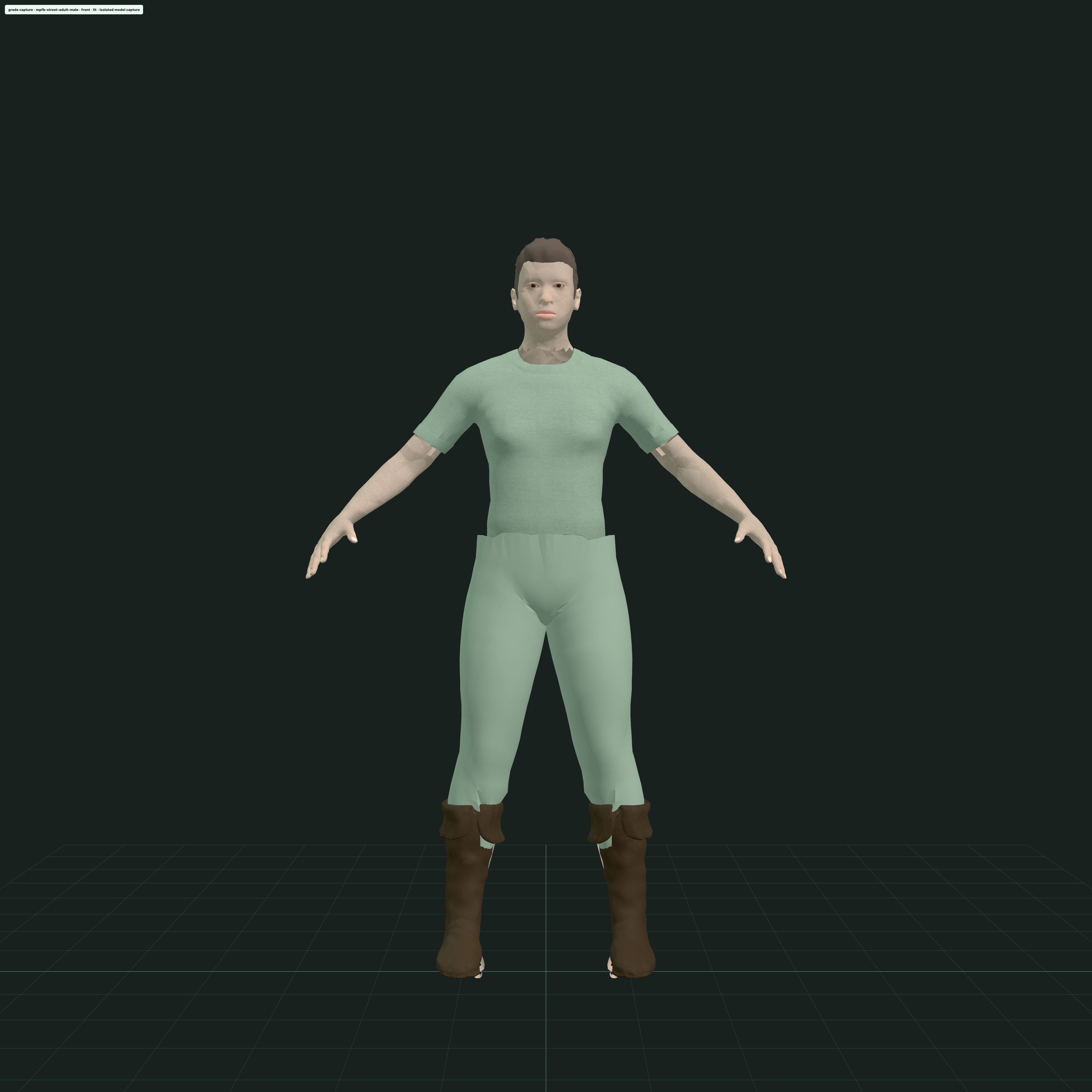 Isolated render of the street-casual adult male patient in a sage-green t-shirt and trousers with brown boots, clothing clearly distinct from skin.