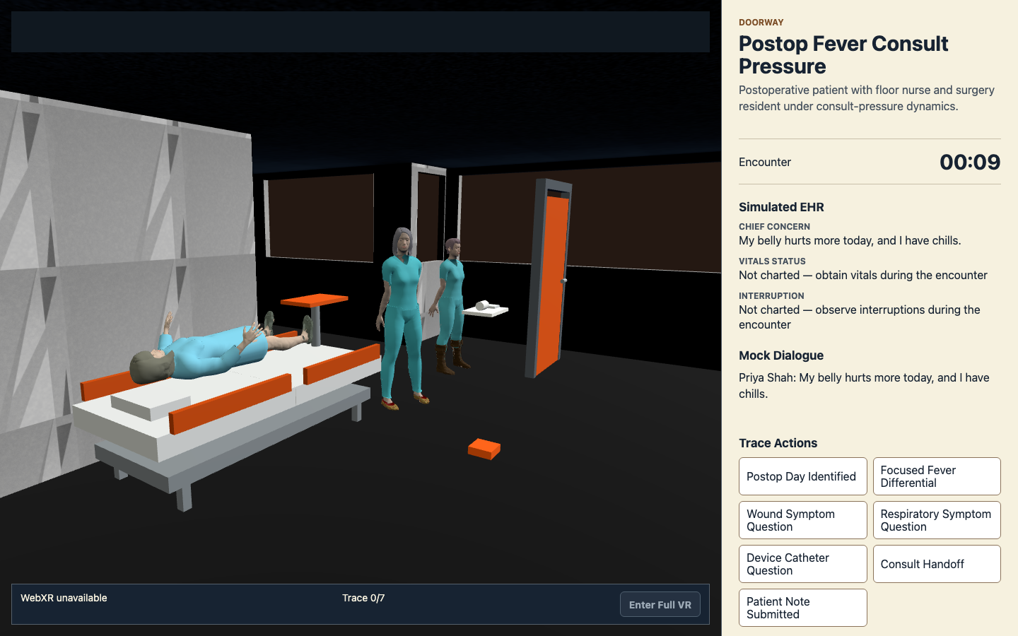 Assembled postoperative ward station: a patient in a blue gown lying on her back on the bed, with a nurse and a surgical resident standing near the doorway, EHR panel to the right.