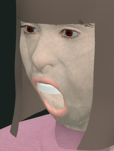1:1 crop, 232 by 306, parent Aisha, focus head. Jaw pinned to rest plus 0.15086 rad. viseme_AA and mouth-open set to 1.