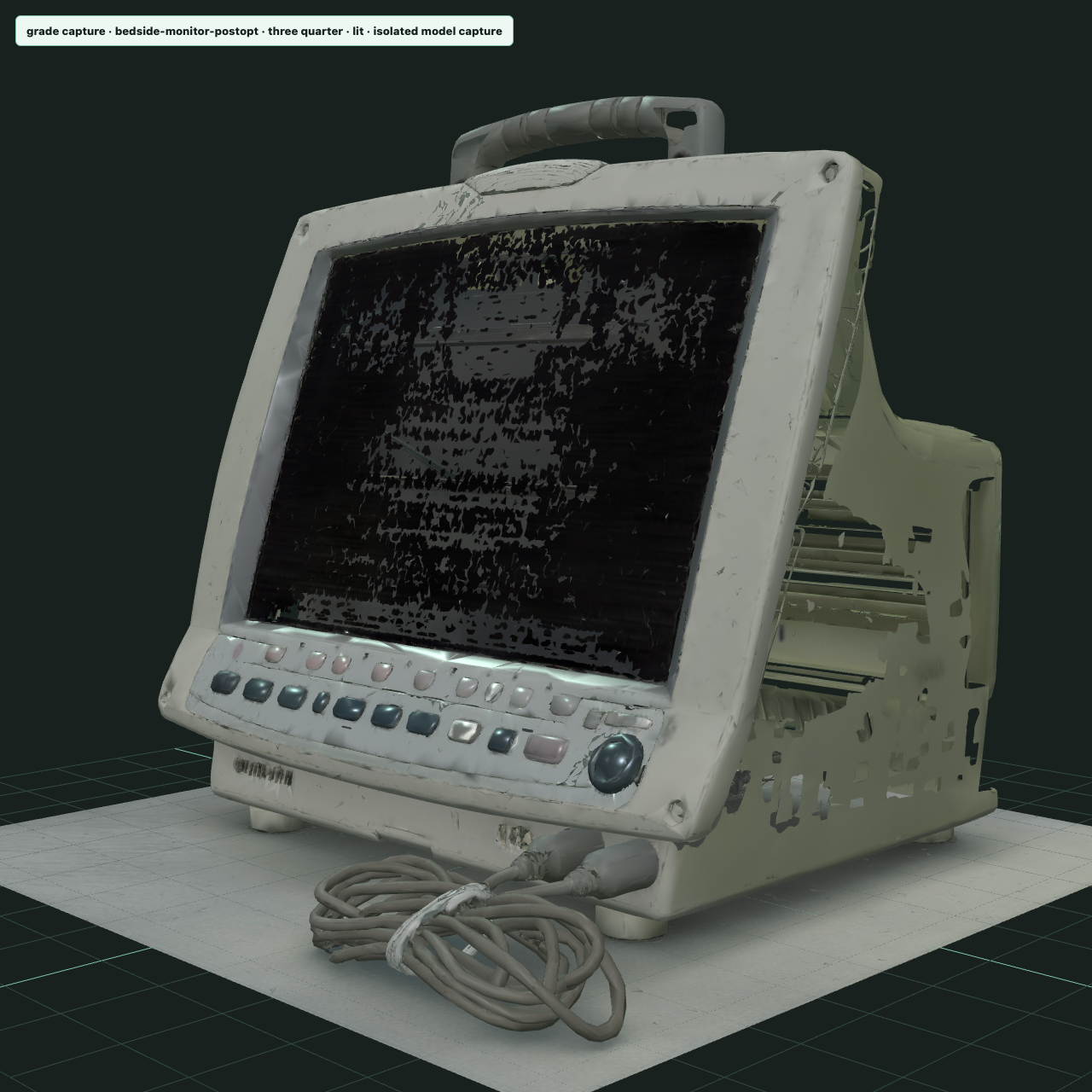 Bedside monitor generated by TRELLIS, lit three-quarter render