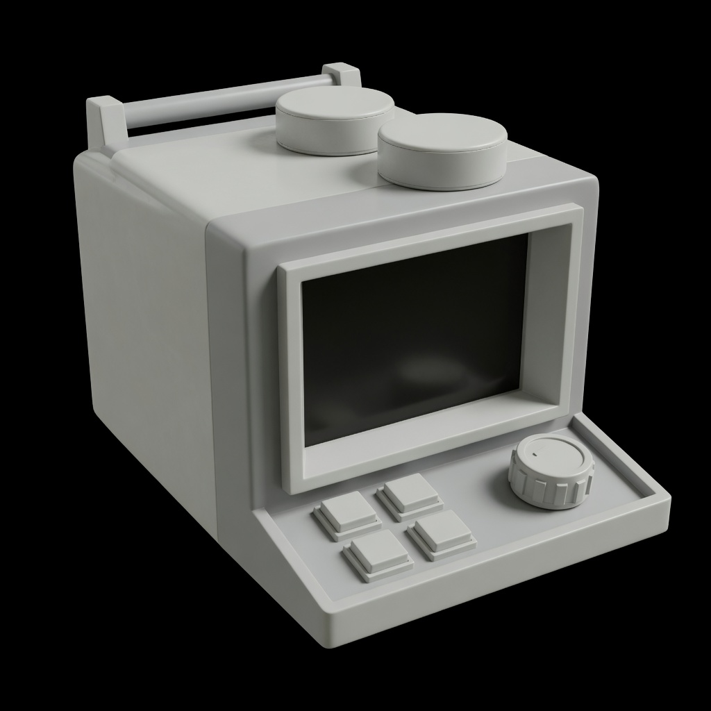 Grok Imagine fetal monitor: thick grey CRT box, four square pads, knob, two top pucks, handle, black void