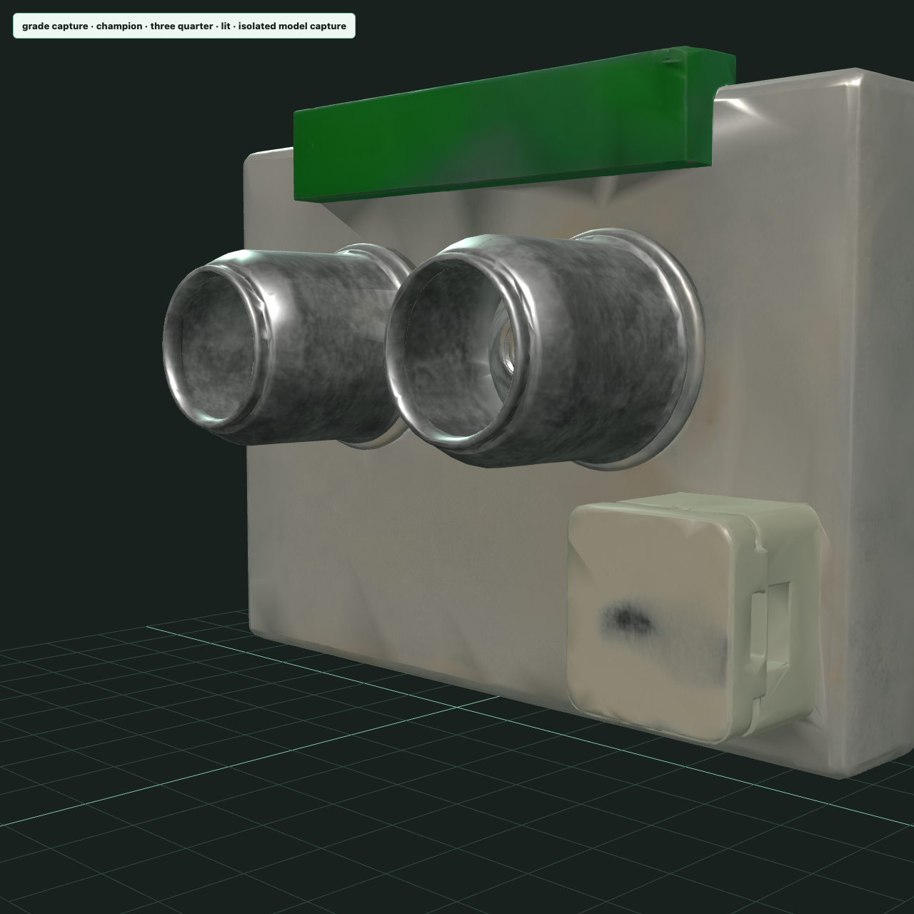 Isolated three-quarter lit grade of the 80k oxygen-port champion: two barrels, green bar, latch with a dark albedo smudge