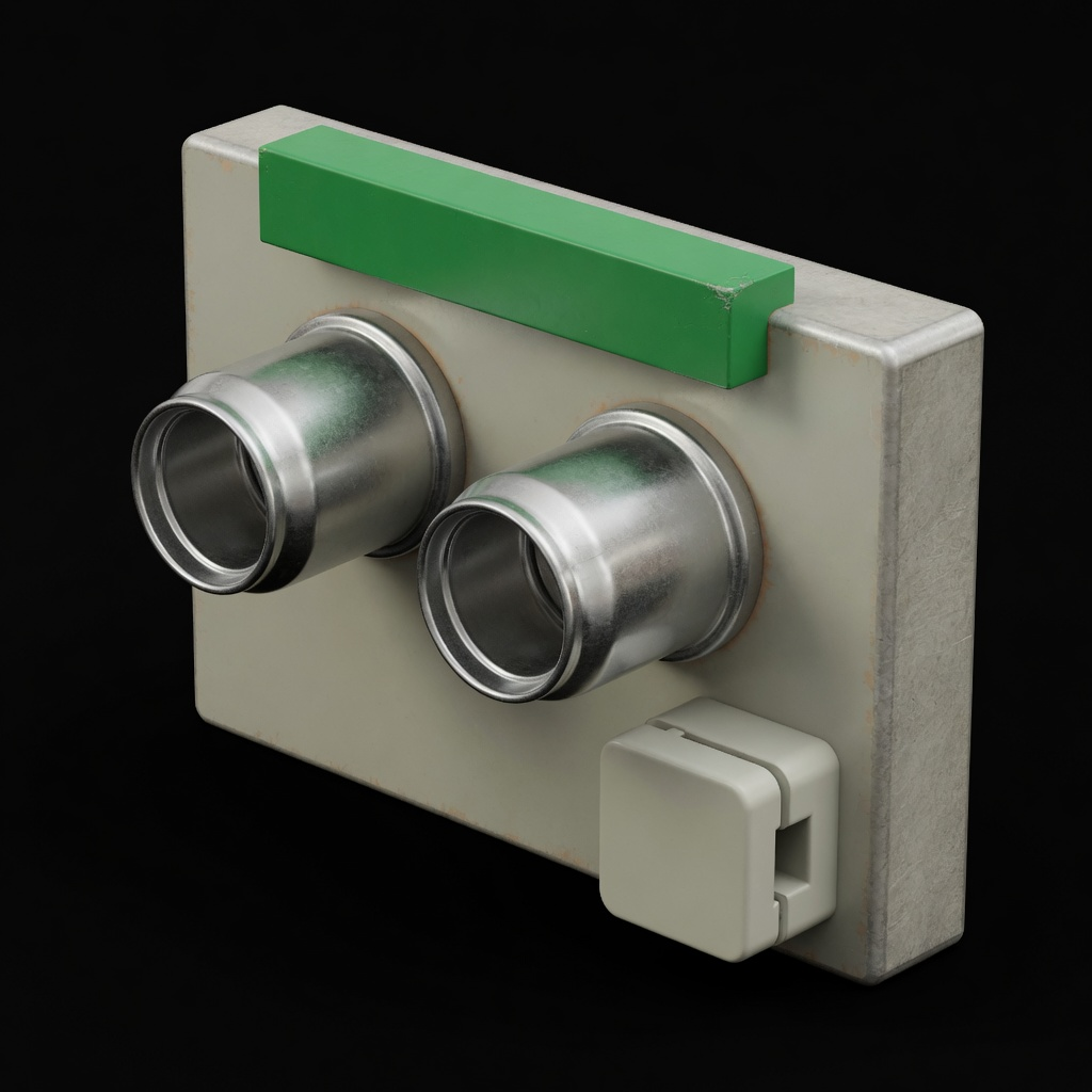 Grok Imagine wall oxygen port: beige plate, two metal barrels, green bar, latch cube, black void