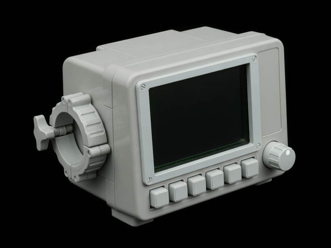Grok Imagine standalone IV pump: brick body, recessed screen, button row, knob, black void