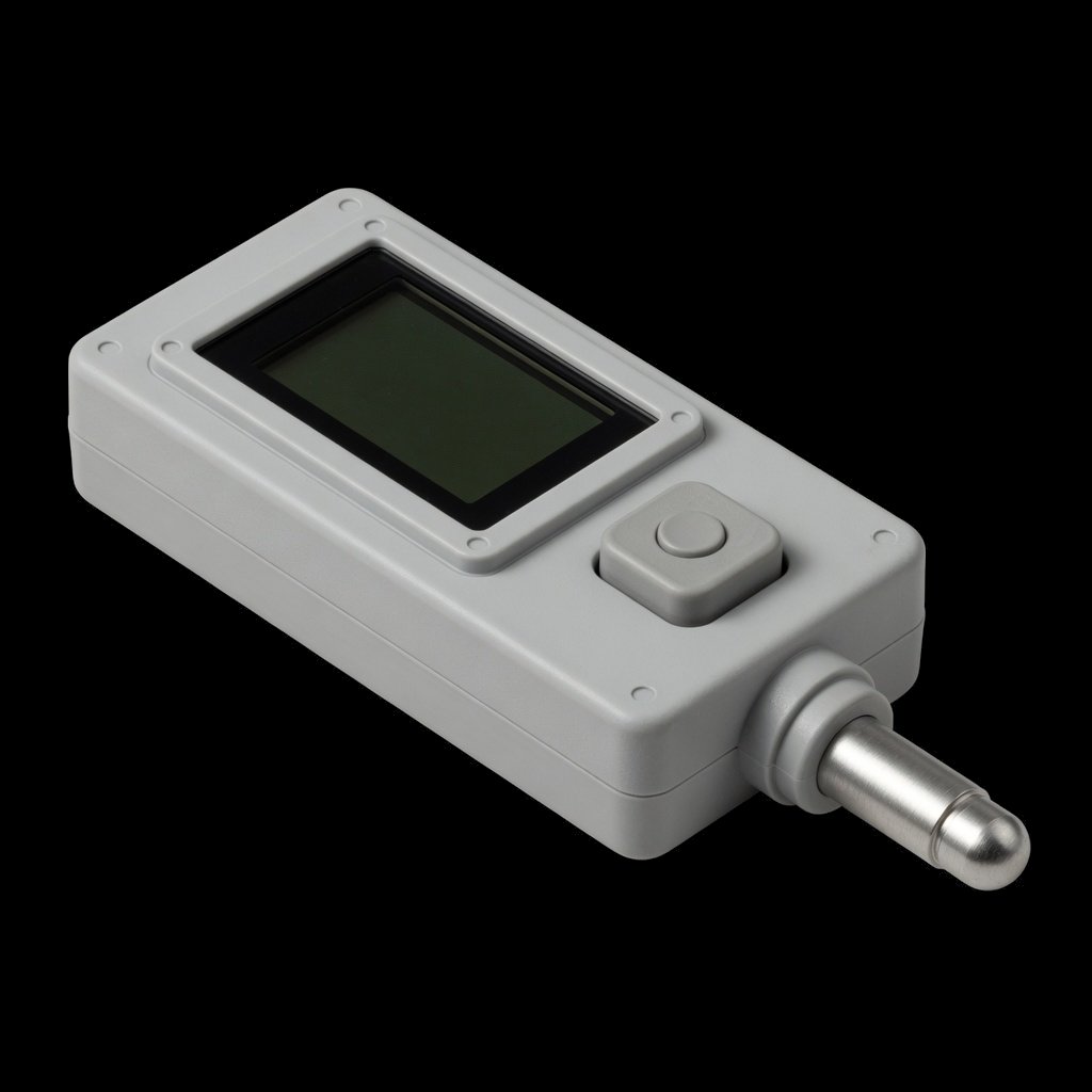 Grok Imagine handheld digital thermometer: grey brick, LCD well, square button, metal probe tip, black void