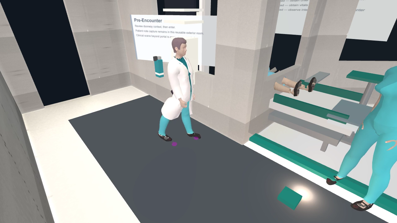 Before: the physician one second into the approach, legs stiff and arms hanging at the sides.