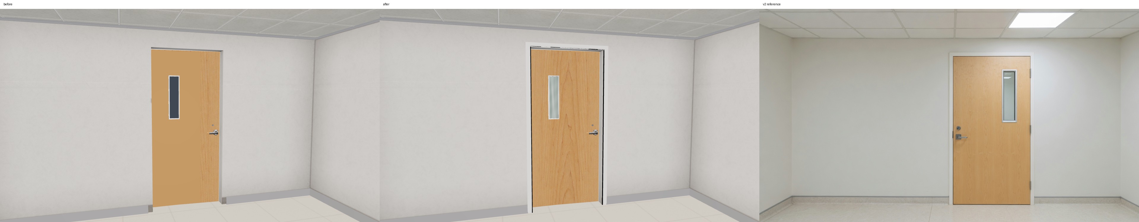 Three-way comparison of the ward door from inside: previous room, finished shipped door, and v2 reference.