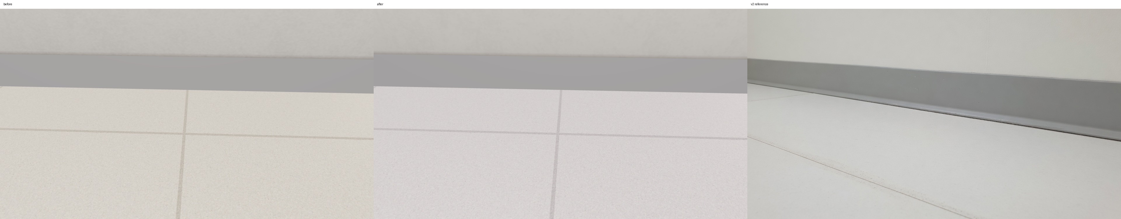 Three-way close comparison of the ward floor and cove base before and after neutralising the tile tint, beside the v2 reference.