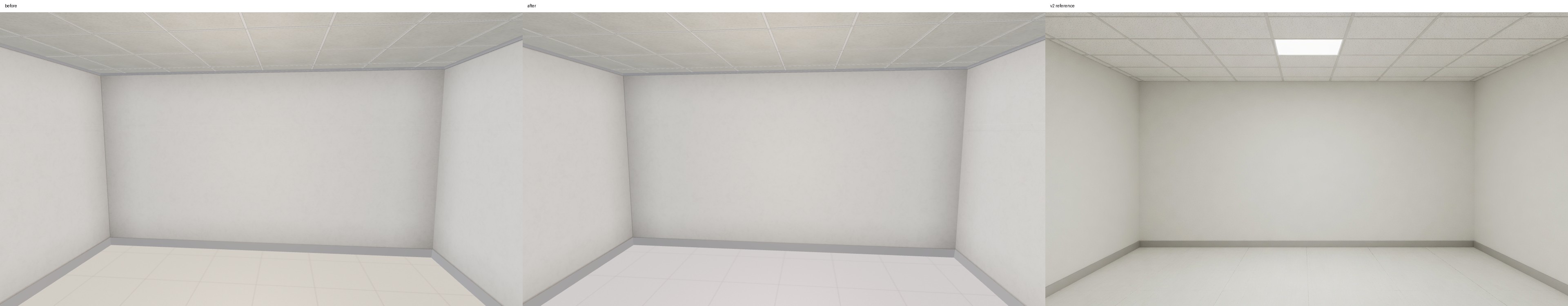 Three-way room comparison toward the bed wall before and after neutralising the floor tile tint, beside the v2 reference.