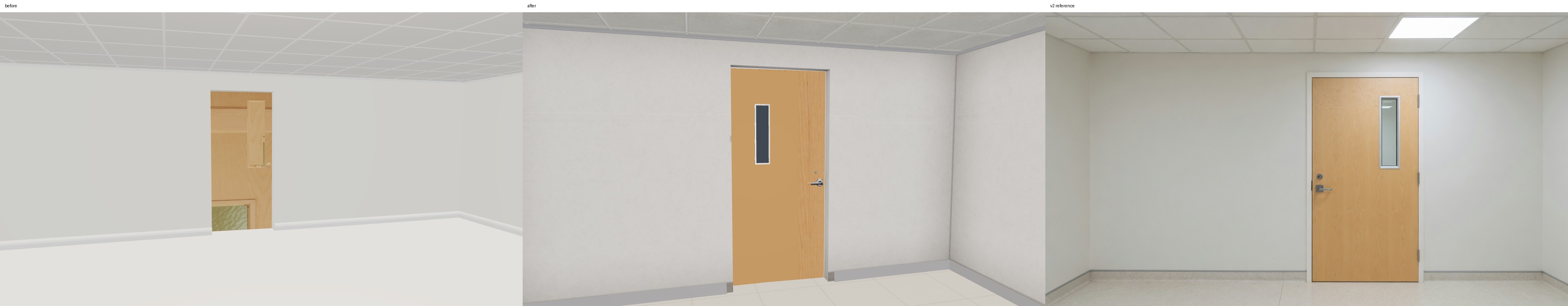 Three-way comparison from inside the ward facing the door: previous runtime room, shipped factory room, and v2 reference.