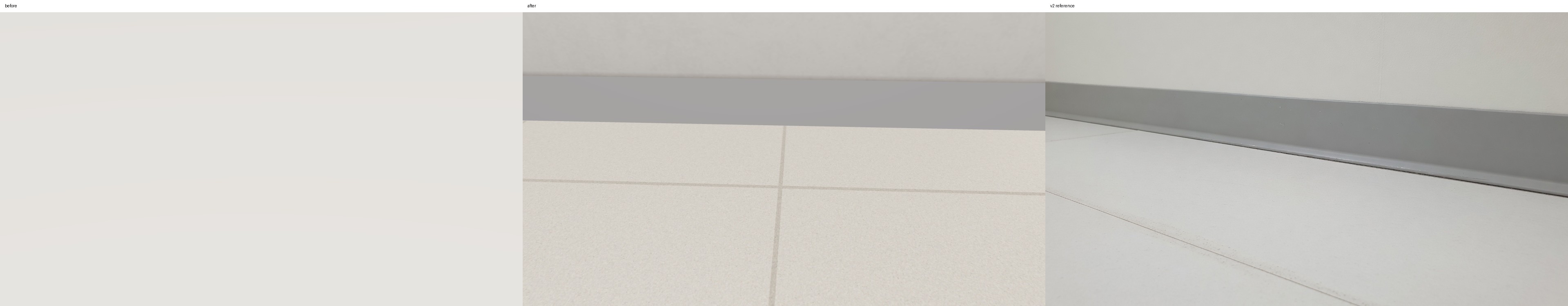 Three-way close comparison of the ward floor and cove base: previous runtime room, shipped factory room, and v2 reference.