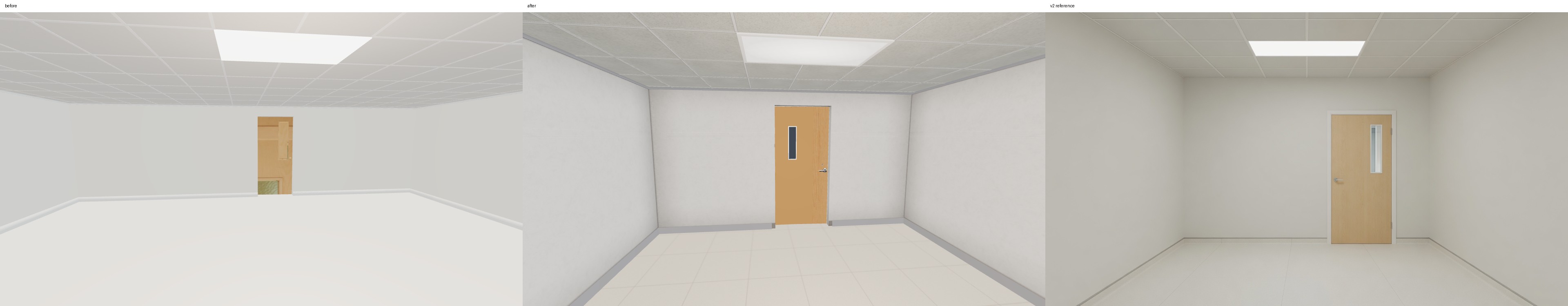 Three-way comparison toward the ward door: previous runtime room, shipped factory room, and v2 reference.