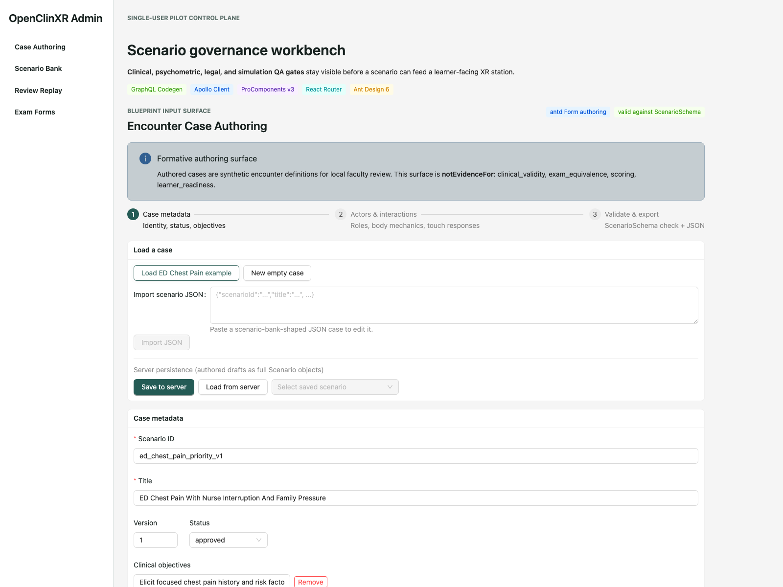 OpenClinXR Admin Encounter Case Authoring: load ED Chest Pain example, scenario id ed_chest_pain_priority_v1, title ED Chest Pain With Nurse Interruption And Family Pressure, claim boundary notEvidenceFor clinical validity