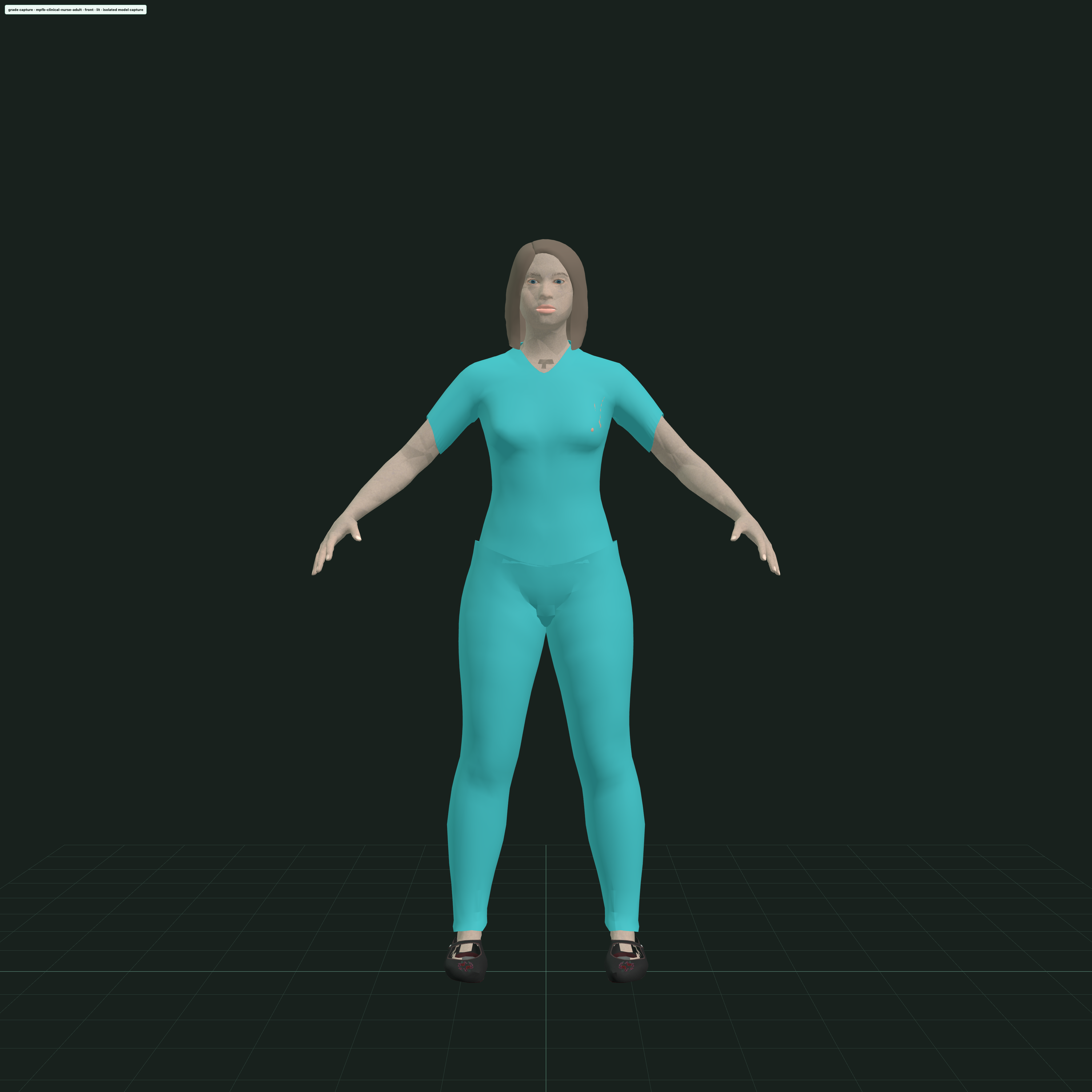 Clinical nurse humanoid in teal scrubs, standing in an A-pose on a reference grid, rendered alone by the model-vetting harness.